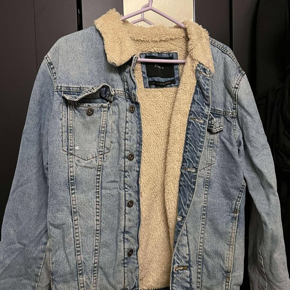 Zara Men's Denim Sherpa Lined Denim Jean Jacket